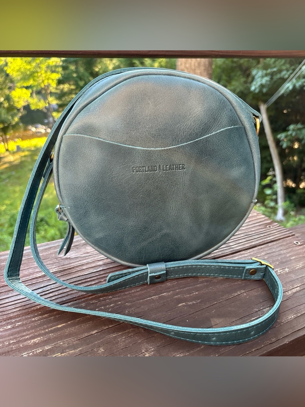 Portland Leather "Almost Perfect" Large Circle Crossbody Bag "Aqua" Blue 9”x2.5"